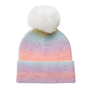 Adrienne Landau Wool Rainbow Purple Pink Faux Fur Pom-Pom Warm Beanie